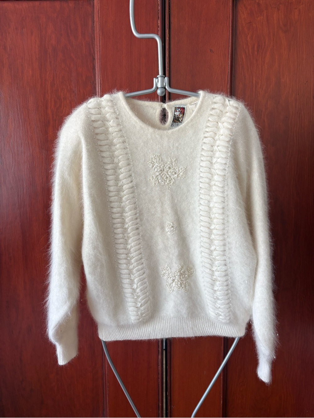Vintage Ivory Angora Fuzzy Braided Flower Embellished Pullover Sweater